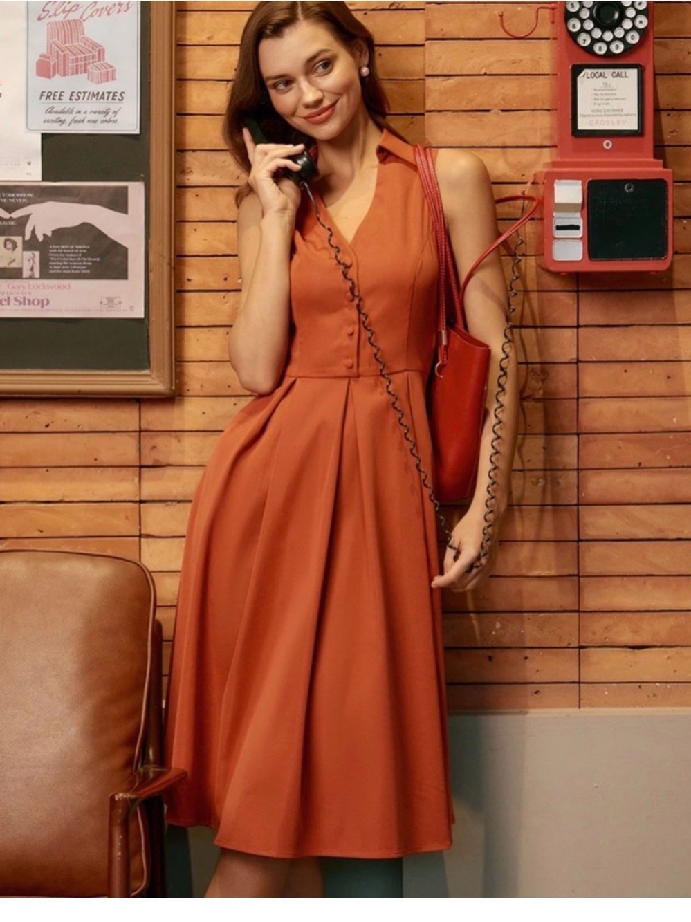 RIHOAS Sleeveless V-Neck Midi Dress in Burnt Orange